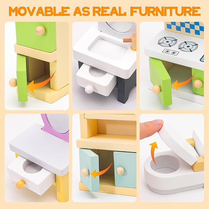 36PCS Wooden Dollhouse Furniture Set with 4 Flexible Family Dolls - 5 Room Realistic Doll House Accessories for Toddlers 3 4 5 6, Pretend Play Toys Gift for Birthday and Christmas