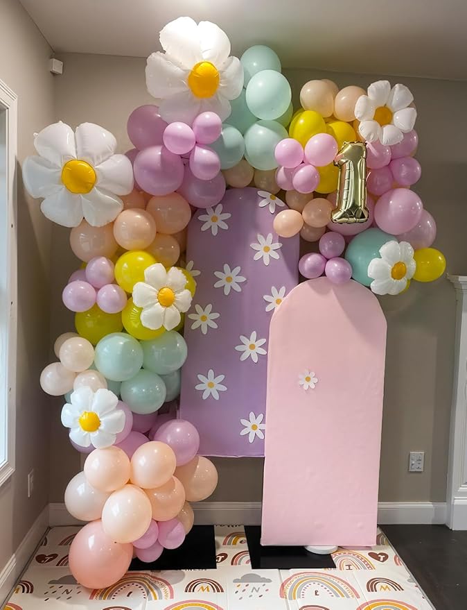 Daisy Balloon Arch Garland Kit - 148 Pcs Groovy Pastel Balloon Arch with Flower Balloons in Purple, Blue, Orange, Yellow for Boho Girl Birthday, Baby Shower, Wildflower Party Decorations