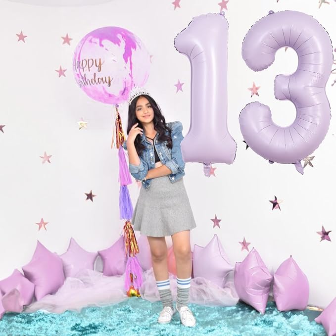 Number Balloons 13 Pastel Purple, 40 Inch Lavender Mylar Foil Number 1 & 3 Balloons for Girls 13th Birthday Balloons, Large Light Purple Helium 13 Balloons for Women 13th Anniversary Party Decorations