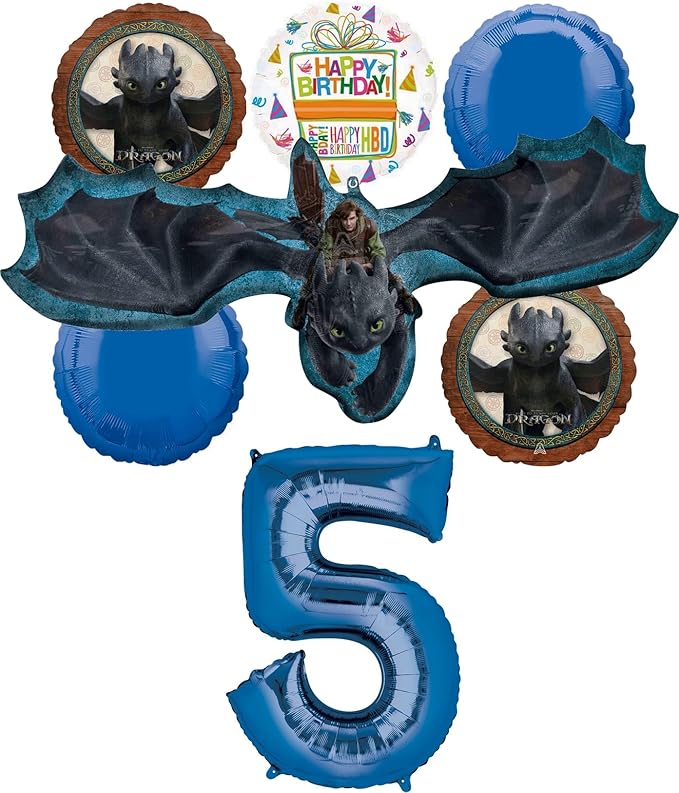 Anagram Hiccup and Toothless 5th Birthday Party Supplies 7 pc Balloon Bouquet Decorations