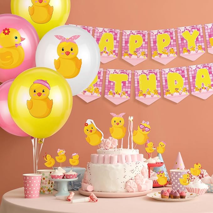 Leitee 57 Pcs Pink Duck Birthday Decorations Balloons Party Happy Birthday Banner Cake Topper Cupcake Toppers Rubber Duck Decor for Birthdays Party Supplies