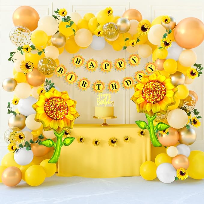TUPARKA Sunflower Birthday Party Decorations Kit Sunflower Banner Yellow Balloon Arch Sunflower Vine Sunflower Heads Table Covers Cake Toppers 146 Pack Sunflower Party Supplies for Baby Shower Décor