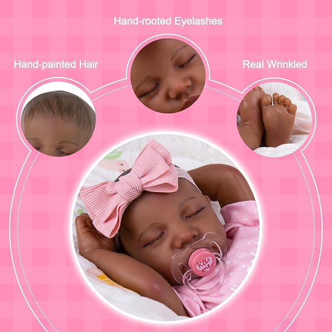 Aori Lifelike Reborn Baby Dolls Black - 18-Inch Realistic American Newborn Real Life Black Girl with Feeding Kit & Gift Box for Kids Age 3+