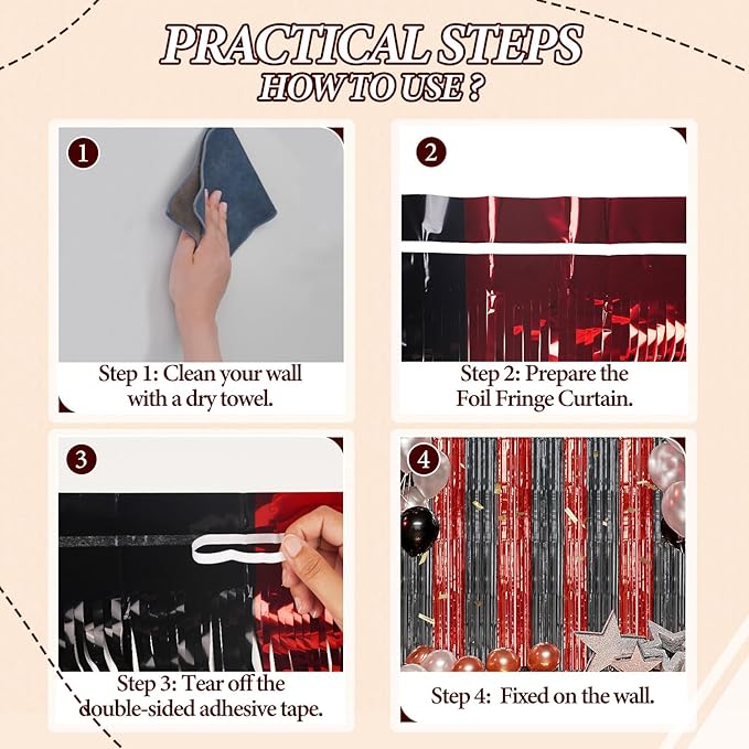 3 Pack Foil Fringe Backdrop - Red&Black Shiny Tinsel Curtains for Party Decoration/Photo Booth Props - 3.3x8.2 FT Metallic Foil Backdrop for Birthday, Wedding, Graduation, Christmas.