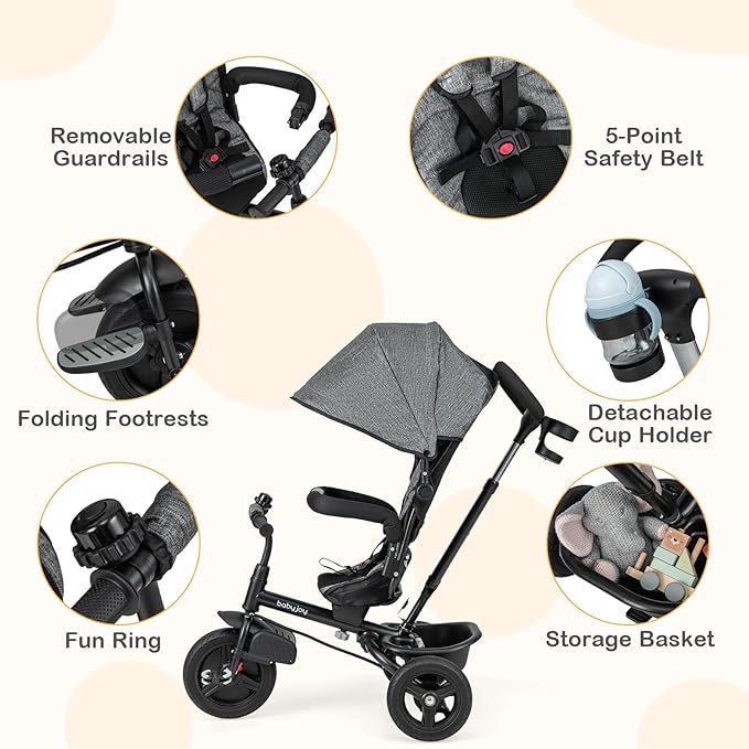 BABY JOY Tricycle, 6 in 1 Trike for Toddler w/Reversible Seat, Adjustable Canopy & Parent Handle, 5-Point Safety Belt, PU Wheels and Storage Basket, Push Tricycle for 9-60 Months (Gray)