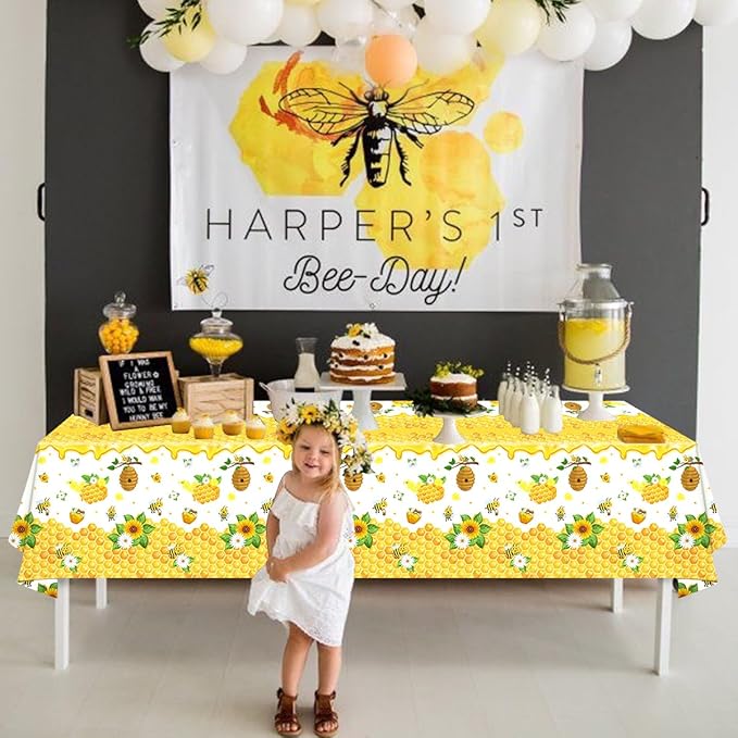 4 Pack Bee Tablecloth Happy Bee Day Tablecloths Rectangle Honey Bees Bumble Table Cover Bee Theme Party Tablecloth for Bee Baby Shower Bee Birthday Party Decorations 51 x 86 Inch
