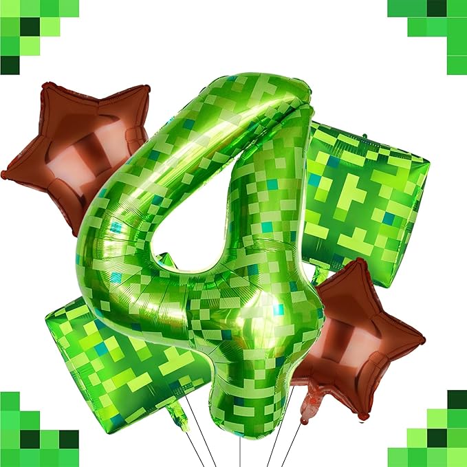 5Pcs Green Pixel Miner Number 4 Foil Balloon Set 40 Inch Large Mylar Mining Theme 4th Number Balloons Pixel Cubes Boxes Video Game Birthday Party Decorations