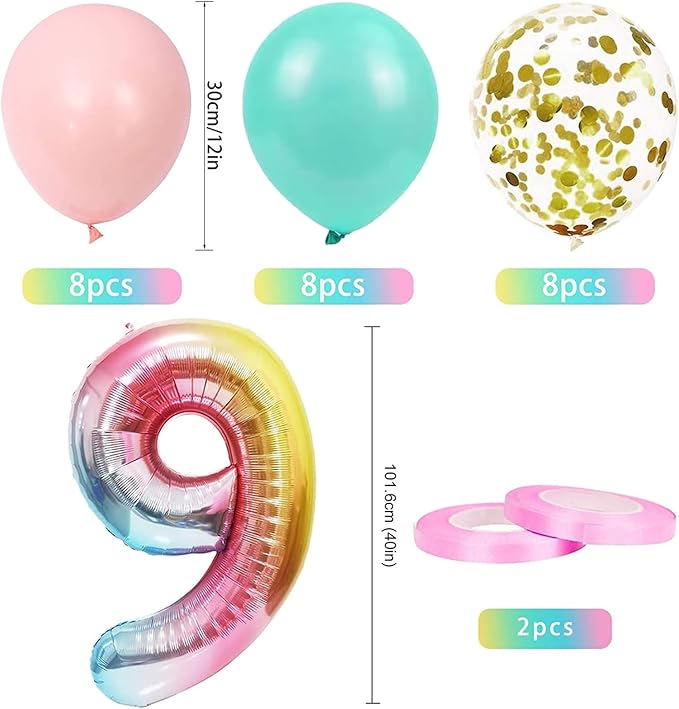 9th Birthday Decorations for Girls - Gradient Color Age 9 Balloons With Happy Birthday Banner for Baby Showers, Ninth Party Supplies for Girls Boys