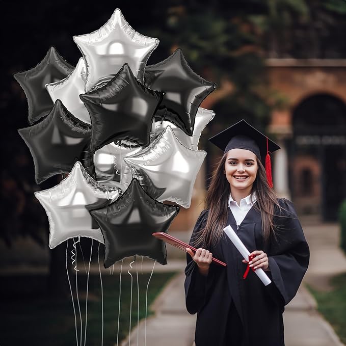 Black Silver Star Foil Balloons, 18 Inch Large Black and Metallic Silver Stars Shape Aluminum Foil Helium Balloon 10 Pcs Pentagram Balloons Party Decor for Birthday Graduation Retirement New Year
