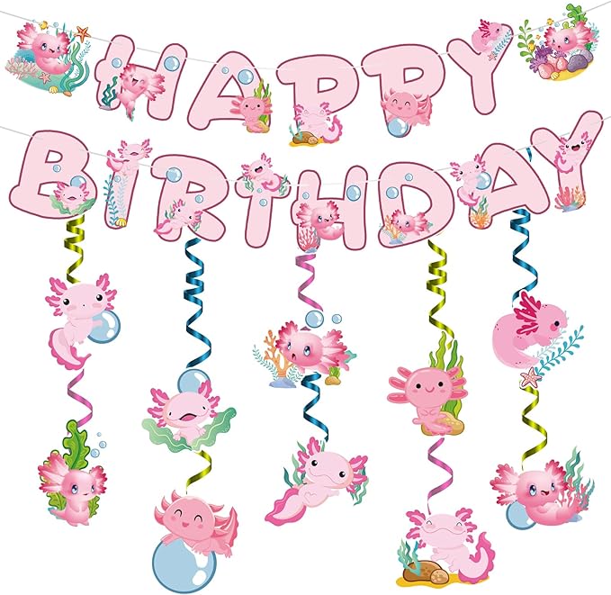Axolotl Happy Birthday Banner - 12PC Pink Birthday Decor Backdrop Sign Party Supplies Set Cute Animals Photo Background Supplies Hanging Swirls Decorations Girls Boys Women Men Children Kids