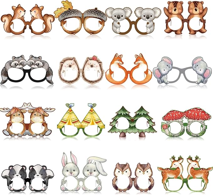Pajean 32 Pcs Woodland Animal Decorations Eyeglasses Wild One Camping Forest Theme Photo Booth Props Paper Glasses for Woodland Creatures Birthday Baby Shower Camping Party Decor Favors Supplies