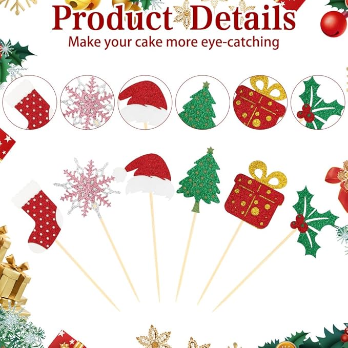 Christmas Cupcake Toppers Cake Decorations, 24 PCS Merry Christmas Cake Topper, Glitter Stockings Snowflake Xmas Tree Decorative Cupcakes Ficks Food Picks for Xmas Holiday Party Decoration Supplies
