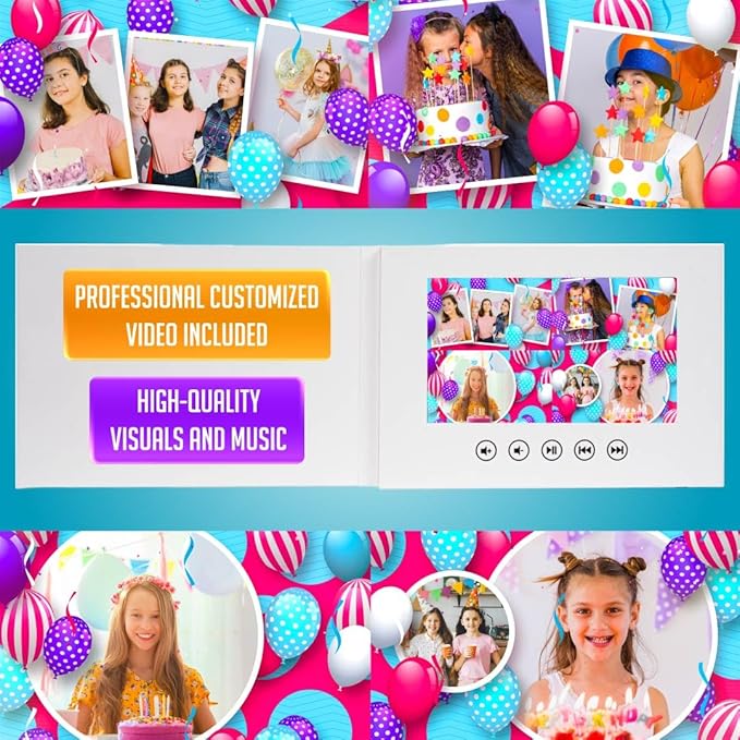 Create Your Own Girl’s Birthday Video Card – Personalized Photo Slideshow Gift – 7” Digital Screen, 256MB Storage, Rechargeable Battery, Full Color Playback