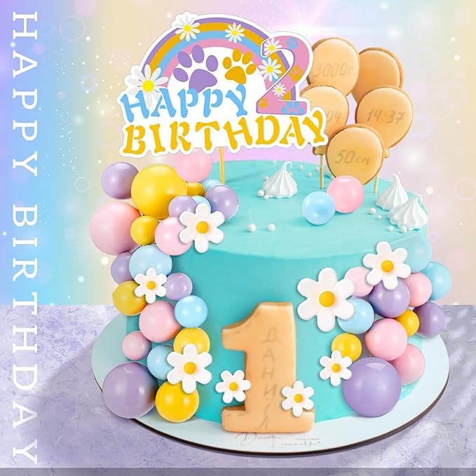 63 Pcs Blue Dog Cake Toppers with Balls Cake Picks and Daisy Flowers for Birthday Decoration Groovy Pastel Cupcake Inserts Hippie Wedding Party Supplies(Happy Birthday 2th)