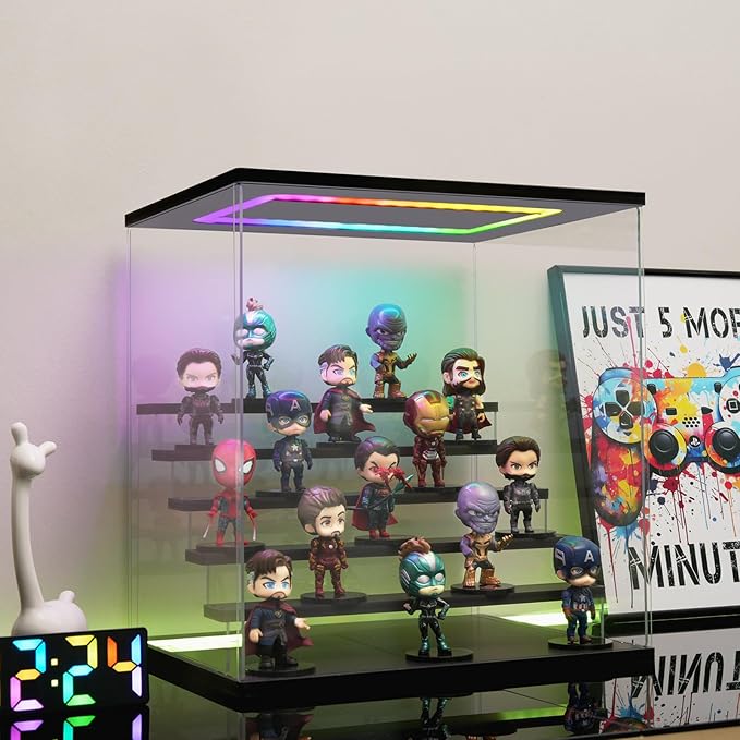 Clear Acrylic Display Case with Light , 6 Tier Multiple Color Lights Display Box Stand Assembly Dustproof Protection Showcase for Collectibles Action Figures (Black 6 Tier S 15.8*12.6*16.5in)