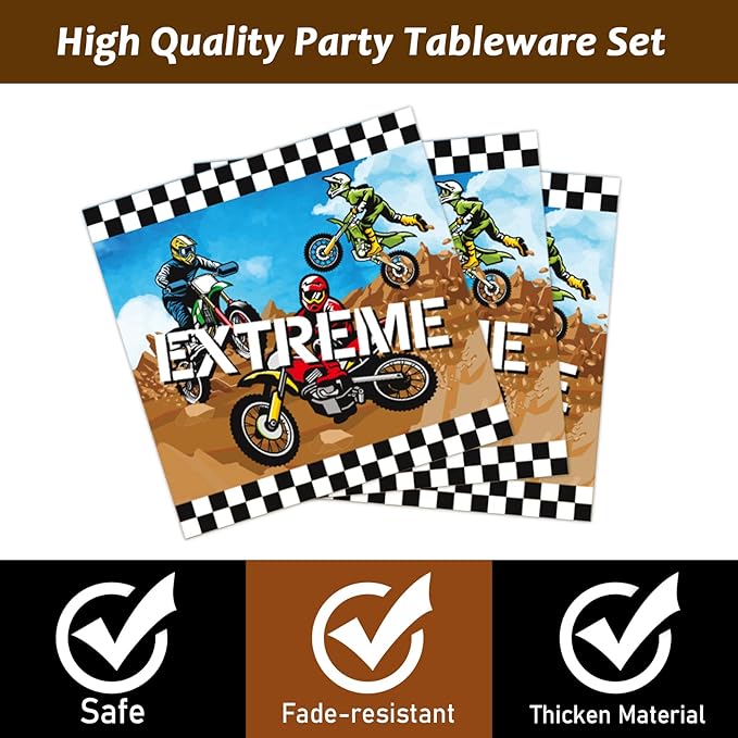 96 Pcs Dirt Bike Motocross Party Tableware Set - Serves 24, Includes Plates, Napkins, Decorations for Boys' Birthday or Baby Shower
