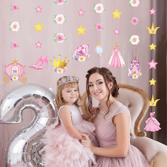 8 Pieces Floral Princess Party Decorations Princess Theme Garland Banners Pink Gold Castle Crown Carriage Paper Cutouts for Birthday Baby Shower Favors Classroom Supplies