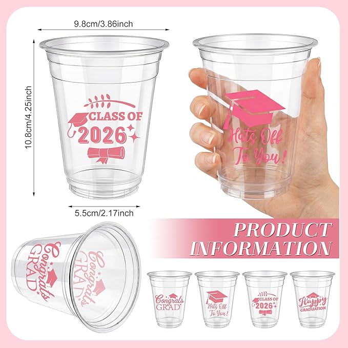 Eaasty 100 Pcs 12oz Graduation Cups 2026 Disposable Plastic Cups for Class of 2026 Graduation Party Congrats Grad Elegant Party Supplies Tableware Decorations (Pink)