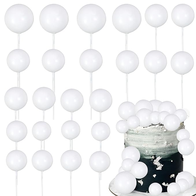 Gyufise 30Pcs Balls Cake Toppers Ball Picks Ball Shaped Cupcake Toppers Foam Balls Cake Topper Mini Balloons Cake Decorations for Wedding Baby Shower Birthday Party Supplies New White
