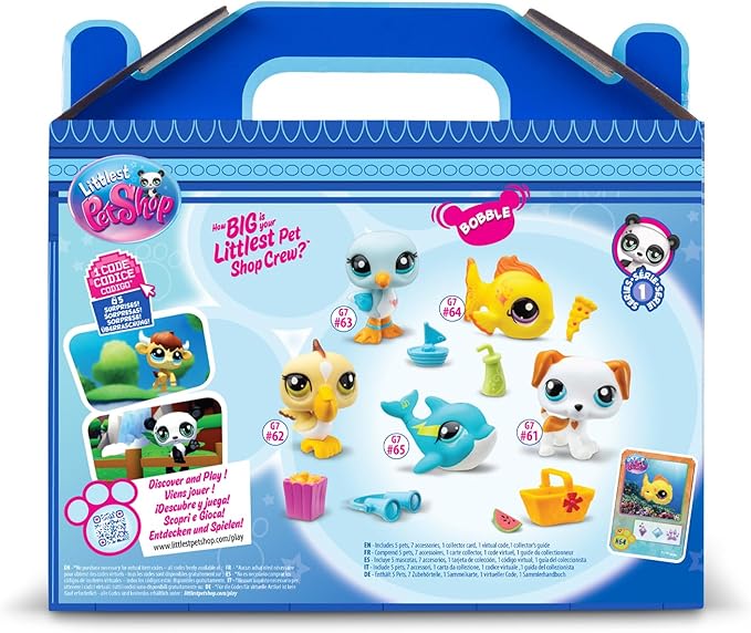 BANDAI Littlest Pet Shop Collectors 5 Pack Beach Besties, The Pack Contains 5 LPS Mini Pet Toys 7 Accessories 1 Collector Card and 1 Virtual Code, Collectable Toys for Girls and Boys