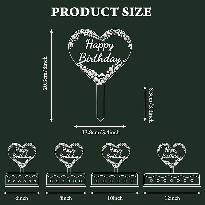 Coucoland Happy Birthday Cake Topper - Heart Acrylic Cake Decor with Sparkling Rhinestones and Pearls for Party Supplies