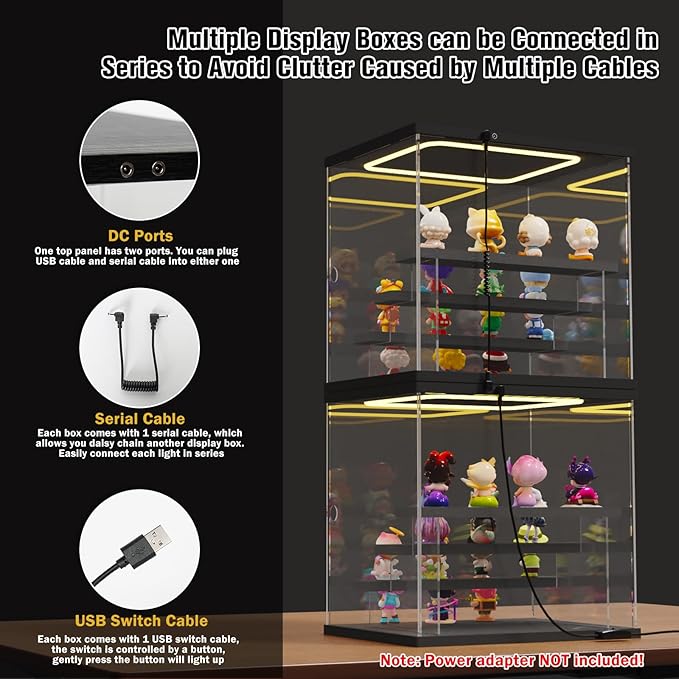 Nynelly Acrylic Lighted Display Case for Collectibles, 4 Tier Figure Display Box with Door and Steps, Assemble Dustproof LED Showcase Storage Box for Mini Figures, Funko Pop, Toys, Black