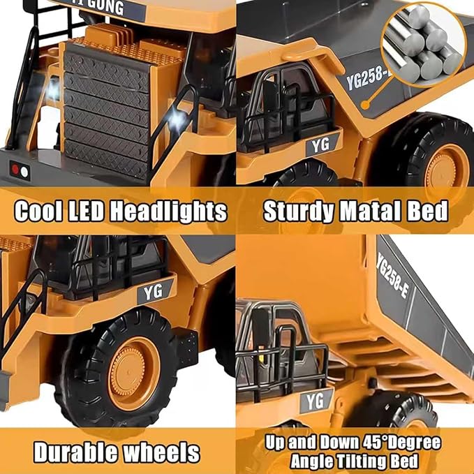 Remote Control Dump Truck RC 1/16 Fully Functional Engineering Vehicle, 9 Channel Dump Truck Toy 2.4Ghz with Lights and Sounds, for Kids Aged 6, 7, 8, 9, 10, 11 and Up