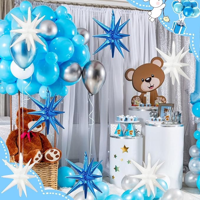 6 Pcs White Blue Star Foil Balloons One-Piece 14-Pointed Star Balloon 4D Starburst Cone Mylar Balloon 22inch Christmas Birthday Wedding Wedding Anniversary Party Supplies (White + Blue)