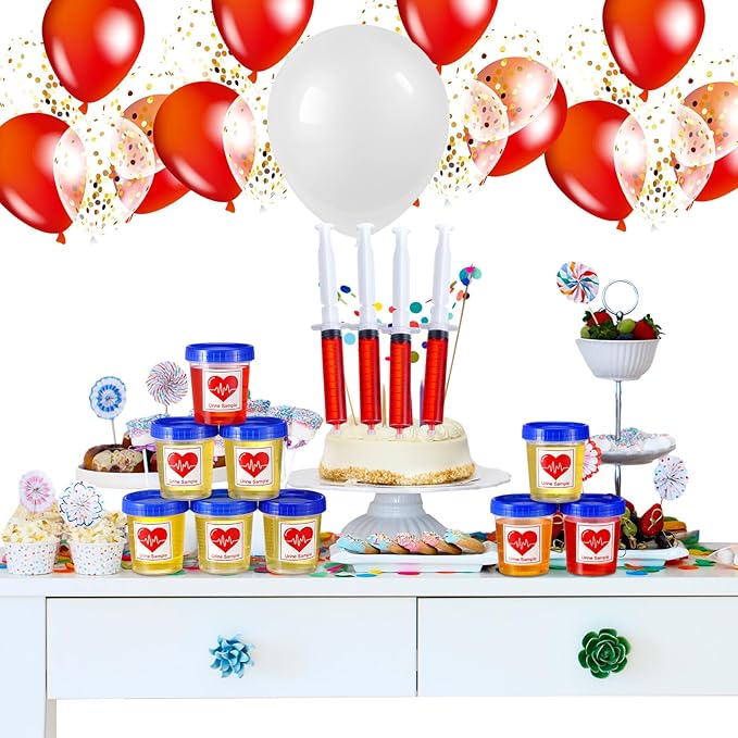 46 Pcs Nursing Graduation Party Supplies Set Plastic Syringe Urine Sample Cups with Lids Sticky Label for Nurse Congrats Grad Favors Bsn Rn Lpn Party Decorations