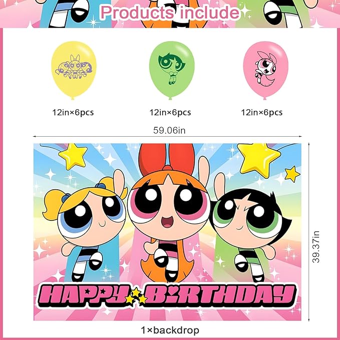 Power Girls Birthday Party Decoration,Power Girls Party Photo Background 5 x 3 FT and 18 Pcs Balloon,Merch Party Backdrop Supplies