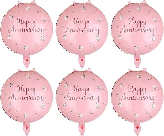 6 Pcs Happy Anniversary Balloons 18 Inch Round Foil Helium Balloon Birthday Engagement Wedding Celebration Anniversary Party Decorations Supplies Pink