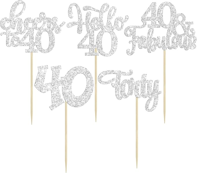 30pcs Happy 40th Birthday Cupcake Toppers - Silver Glitter Forty Cheers to 40 Years Old Cupcake Picks for Anniversary Party Cake Decorations
