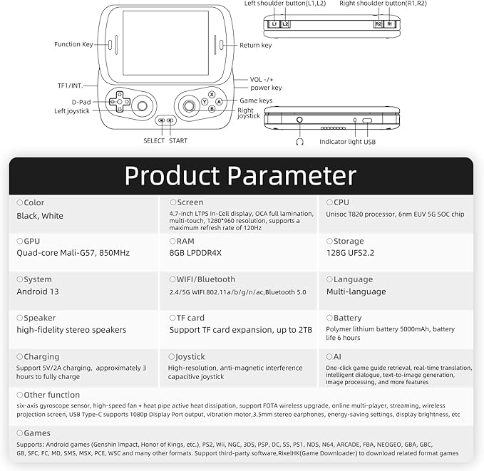 Anbernic RG Slide Retro Handheld Game Console , 4.7-inch LTPS in-Cell Screen Capacitive Joystick Android 13 System Support AI Assistant 5G WiFi Bluetooth 5.0 NO Game Card(White)