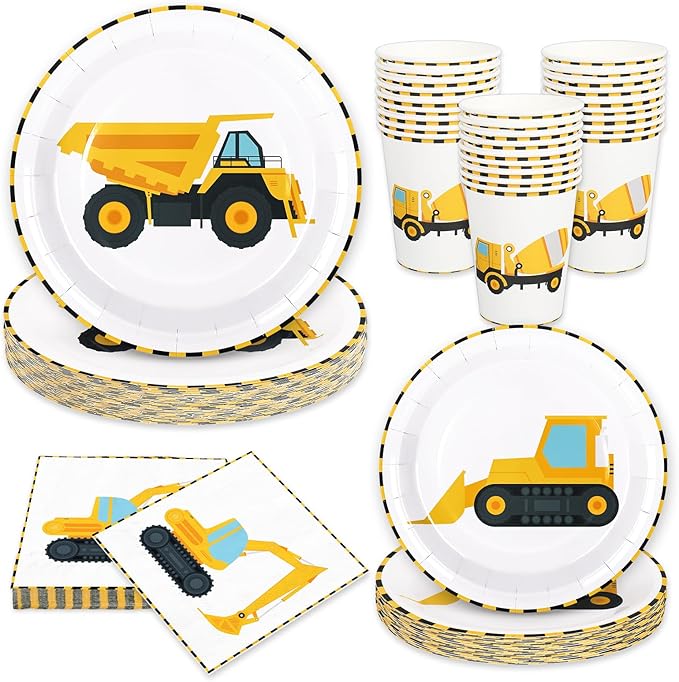 Whaline 96Pcs Construction Party Tableware Dump Truck Paper Plate Napkin Cup Yellow Black Disposable Dinnerware Set for 24 Guests Birthday Party Table Decor