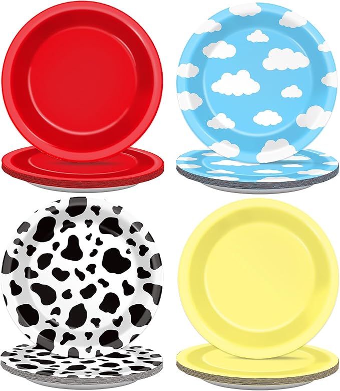 48Pcs Cartoon Story Birthday Party Paper Plates for Toy Inspire Game Story Table Supplies 7" Cow Print Sky Blue Cloud Disposable Dessert Tableware for Kids Birthday Baby Shower Party Decorations