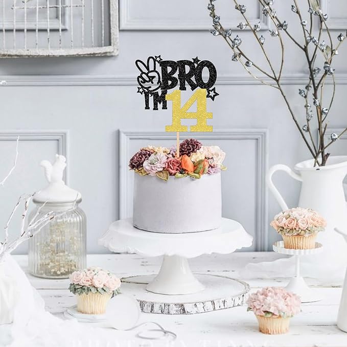 1 PCS Brother I'm 14 Cake Topper Glitter Star Happy 14th Birthday Cake Pick Bro I'm 14 Cake Decoration It's My 14th Birthday Decorations for Boys Cheers to 14 Years Old Birthday Party Supplies Gold