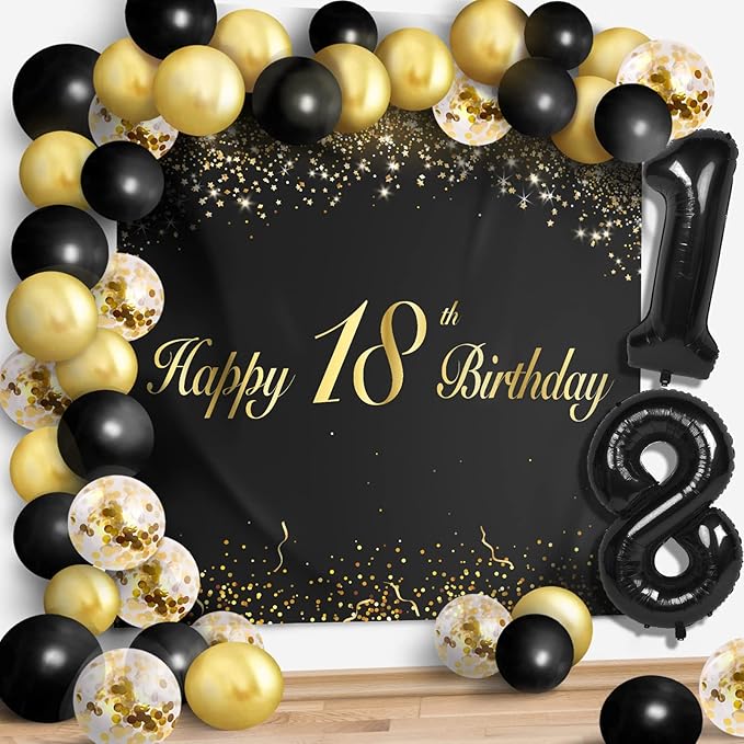 Happy 18th Birthday Balloons Black Set Decor - Cheers to 18 Years Old Party Theme Garland Banner Backdrop Decorations For Women and Men Supplies
