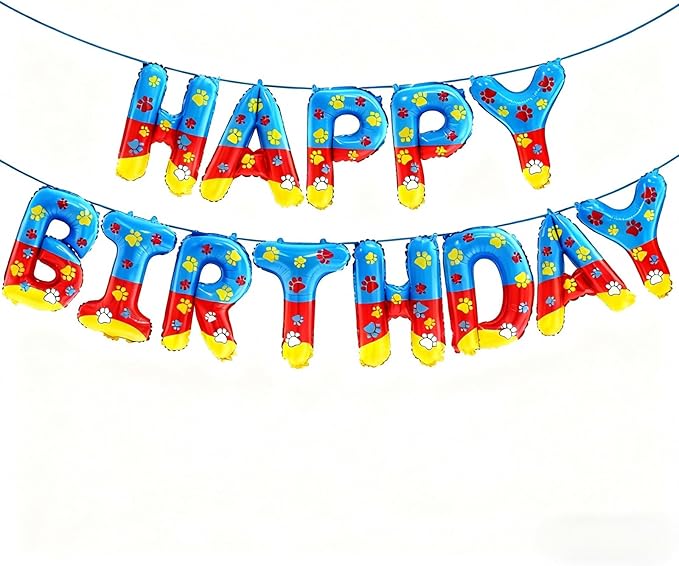 YIIHMEI Cartoon Dog Paw Print Happy Birthday Banner Party Decorations Balloons with Yellow Blue and Red Style Letters Signs Party Supplies for Kid's