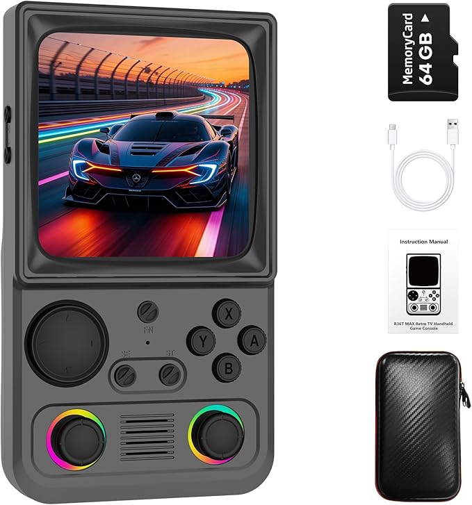 R36TMAX Retro Handheld Game Console, Retro Gaming Console with 4.0 Inch 720x720 IPS Screen, Portable Handheld Linux System, 4000mAh Battery (Charcoal Gray-64GB)
