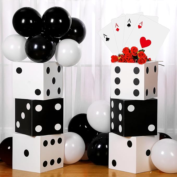 68 Pcs Casino Party Boxes Balloon Poker Cards Decoration-16 Pcs 11 in Casino Dice Favor Boxes 16 Jumbo Playing Cards 36 Balloons for Game Night Birthday Grad Prom Party Supplies(Black White)