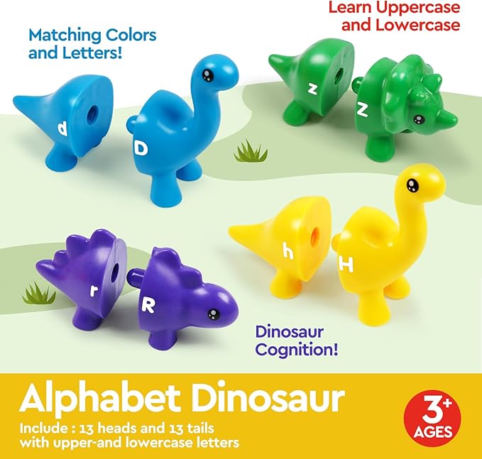 Alphabet Dinosaurs Matching Toy, Toddlers ABC Learning Dinosaurs with Uppercase Lowercase, Match and Snap Fine Motor Game Preschool Learning Activities Exchange Birthday Gifts for Kid Boys & Girls