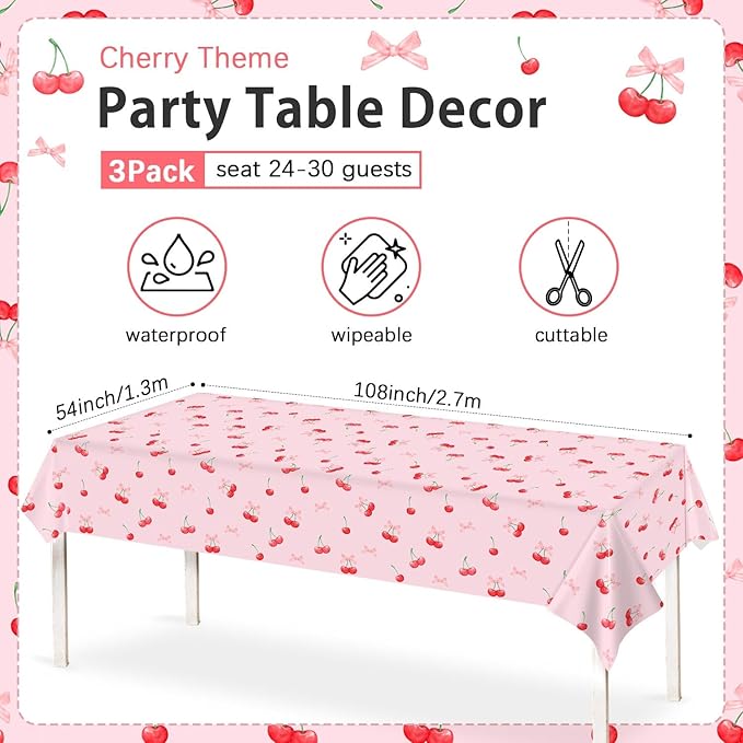 3pcs Cherry Birthday Decorations Tablecloths, Large Size Cherry and Bows Birthday Decorations Table Cloth for Cherries Themed Party, 54 x 108 Inch