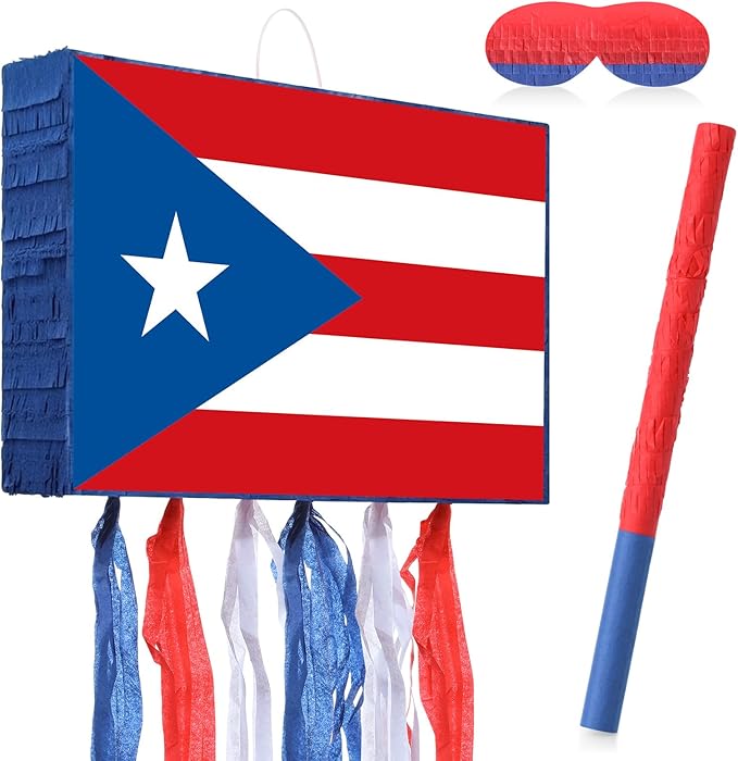 Puerto Rico Flag Piñata Red White and Blue Small Piñata Set with Bat and Blindfold for Puerto Rico Party Games National Day Patriotic Festival Supplies Holiday Decorations