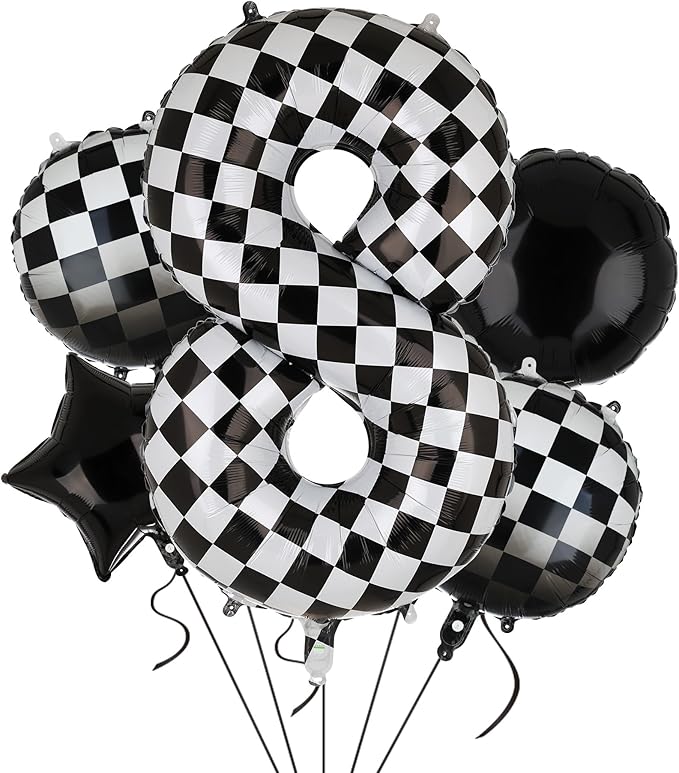 40 Inch Checkered Number Balloon 8 Black and White Race Car Birthday Balloons Baby Hippie Smile Party Shower Boys 8th Birthday Race Car Theme Party Decor Supplies 5 Pcs