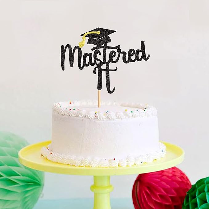1Pc Black Glitter Mastered It Cake Topper, College Grad, Congratulations MBA Graduation Party Decorations Supplies