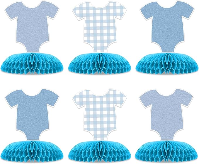 6 Pcs Blue Bodysuit Party Decorations, Blue Gingham Honeycomb Centerpieces, Birthday Decorations for Tables Decor Table for Party Supplies Perfect for Women Men Baby Shower Boys Girls