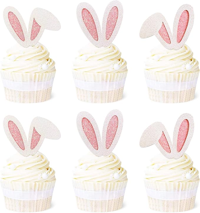 Ercadio 24 Pack Easter Bunny Ear Cupcake Toppers Glitter Pink Rabbit Ears Cupcake Picks Easter Bunny Cupcake Decors Rabbit Cake Toppers for Kids Girls Birthday Baby Shower Party Supplies