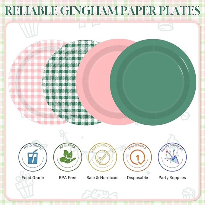 48PCS Gingham Paper Plates, 7 Inch Pink Green Plaid Plates Disposable Dessert Plates Party Supplies for Picnic Wedding Baby Shower Birthday Party Deorations Table Decor