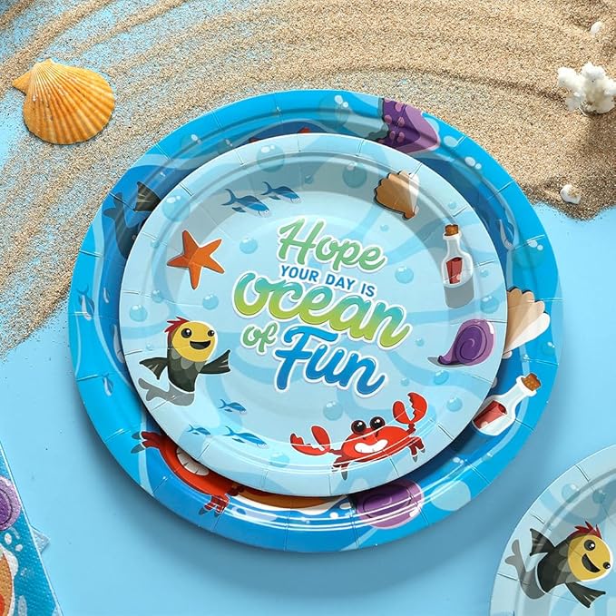 144Pcs Under the Sea Animal Birthday Party Supplies Decorations Paper Plates Napkins Vintage Puppy Party Tableware Disposable Ocean Dinnerware Set for Kids Birthday Baby Shower Table Decor, Serve 24
