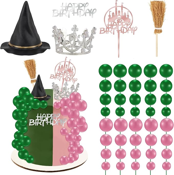 44 Pieces Pink and Green Cake Decorations with Mini Black Witch Hat, Silver Crown, Broom, Balloons, Happy Birthday Cake Topper for Girls Women Princess Witch Birthday Party Decorations Supplies